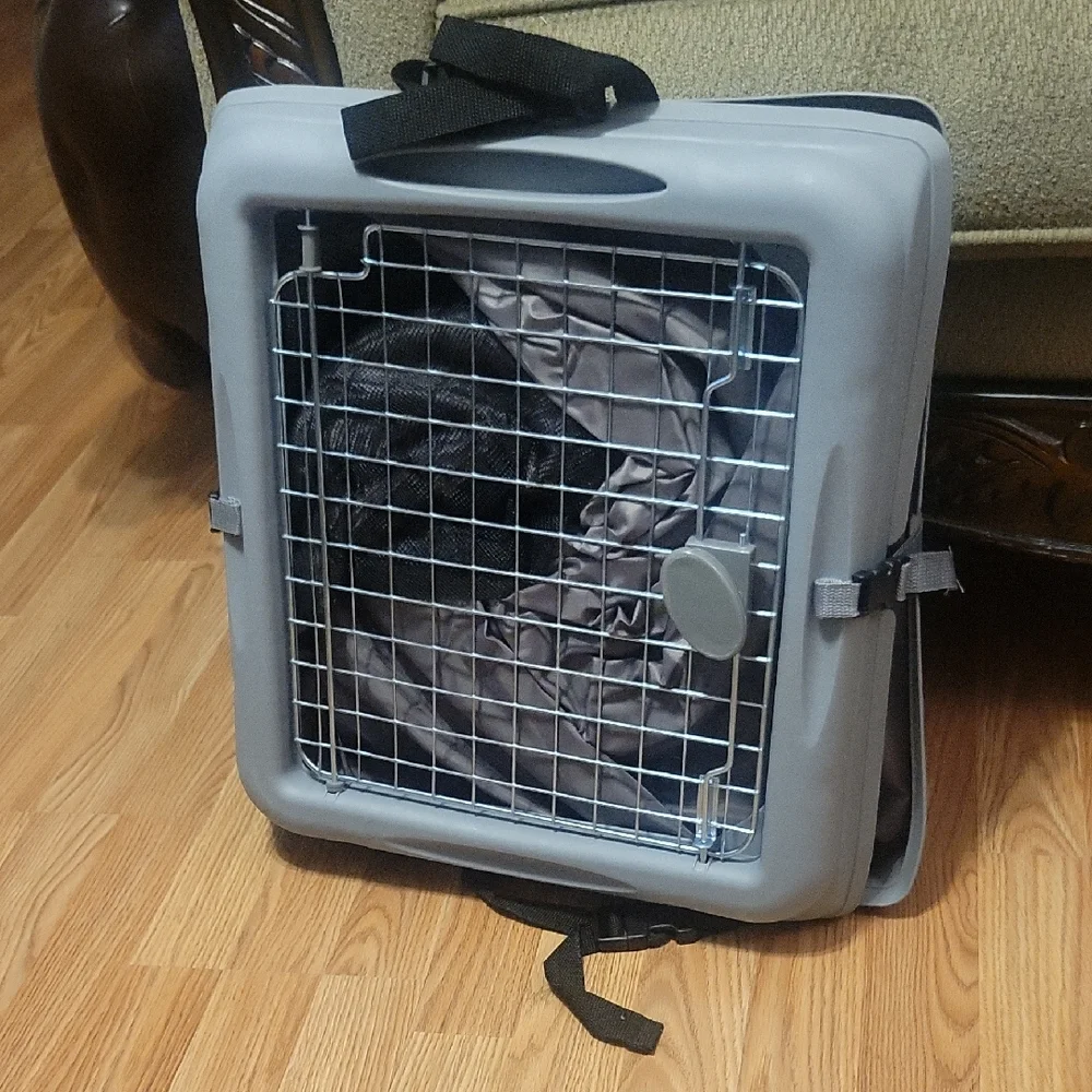 Gray Pet Carrier with Black Straps